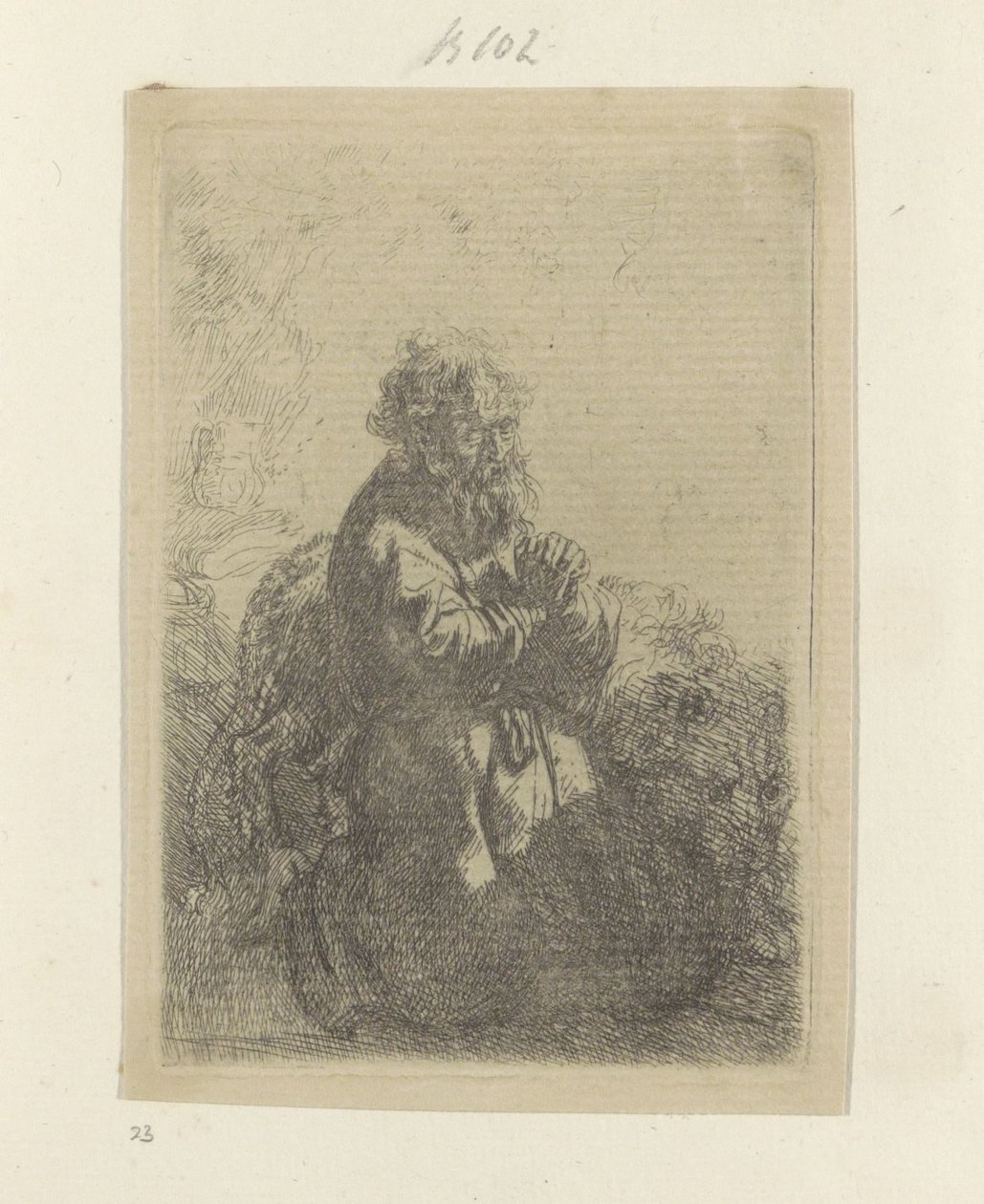 Jerome arrodillado en oración, mirando hacia abajo Recueil de quatre-vingt-cinq estampes originales (título de la serie) de Rembrandt van Rijn