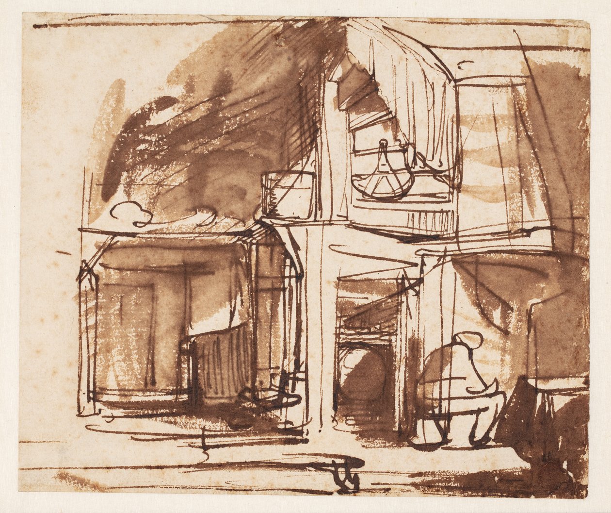 Interior con una escalera de caracol y un hombre sentado de Rembrandt van Rijn