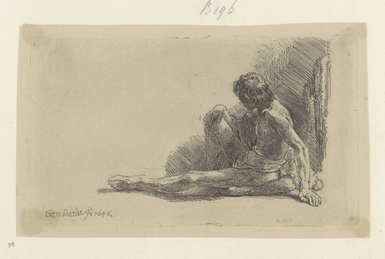 Joven sentado en el suelo con una pierna extendida Recueil de quatre-vingt-cinq estampes originales (título de la serie) de Rembrandt van Rijn