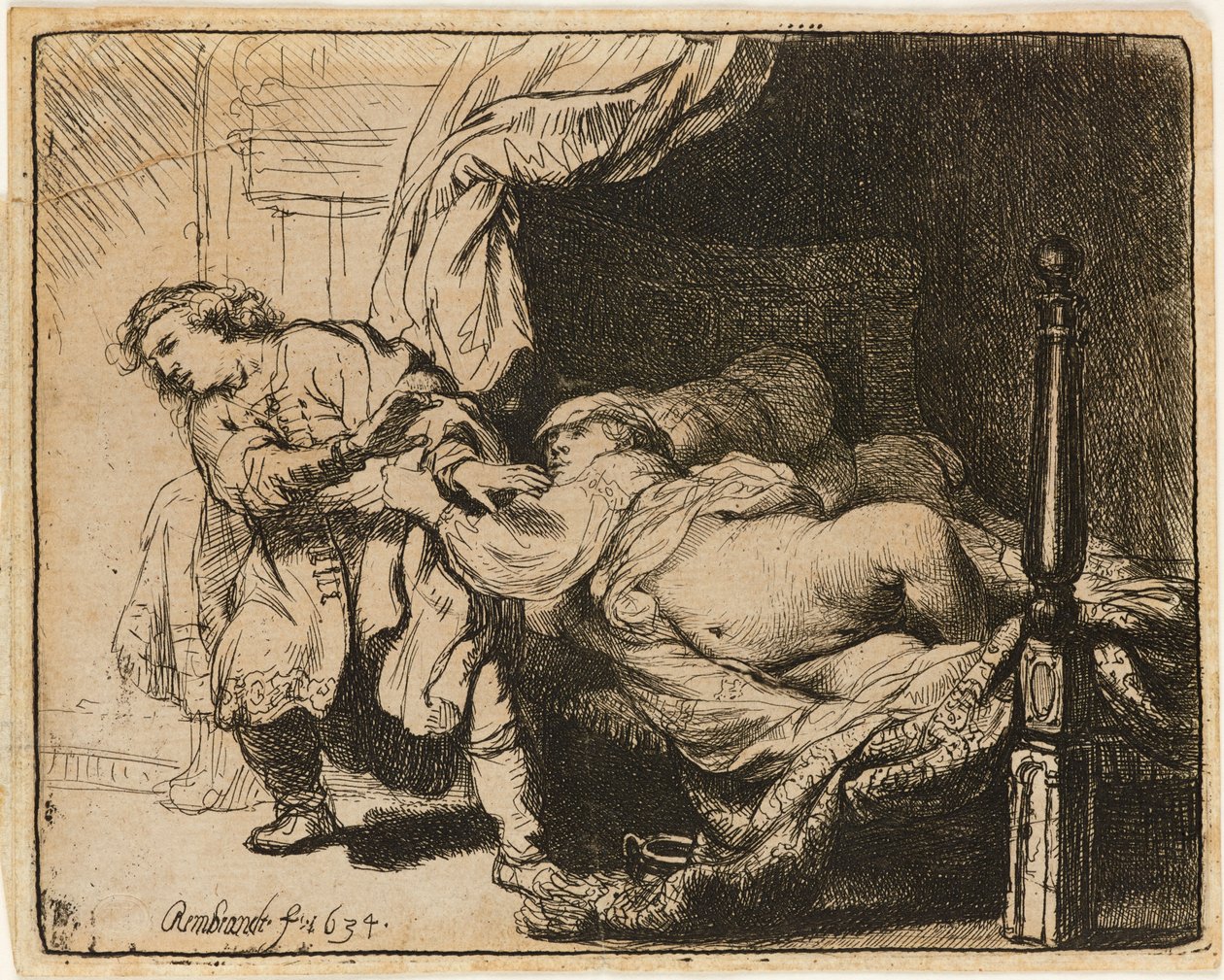 José y la esposa de Potifar [Gen. 39: 7-12], 1634 de Rembrandt van Rijn