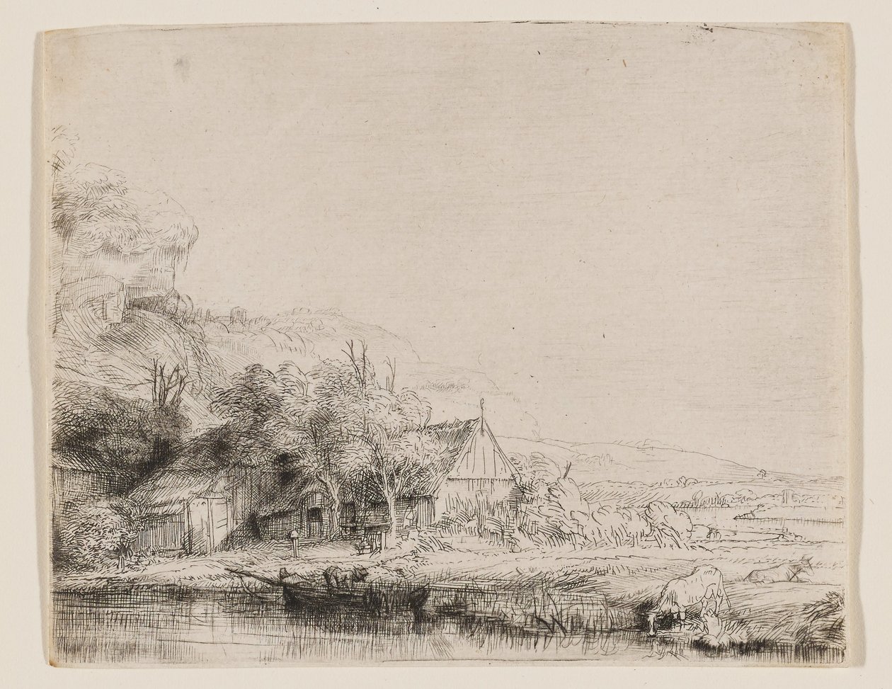 Paisaje con una vaca bebiendo de Rembrandt van Rijn