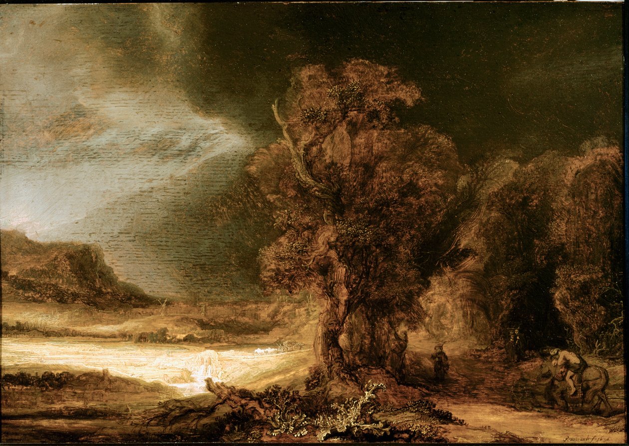 Paisaje en el Buen Samaritano (1638). Museo Czartoryski, Cracovia, Polonia de Rembrandt van Rijn