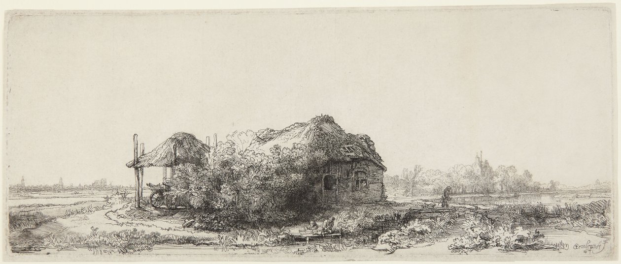 Paisaje con casitas de campo y un granero de heno de Rembrandt van Rijn