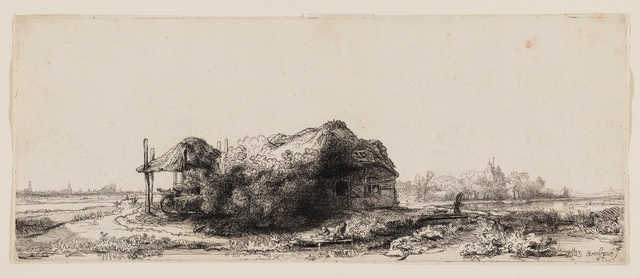 Paisaje con Cabañas y un Granero de Heno: Oblongo de Rembrandt van Rijn