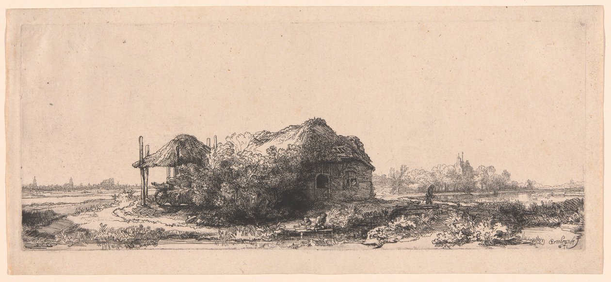 Paisaje con cabañas y un granero de heno: Oblongo de Rembrandt van Rijn