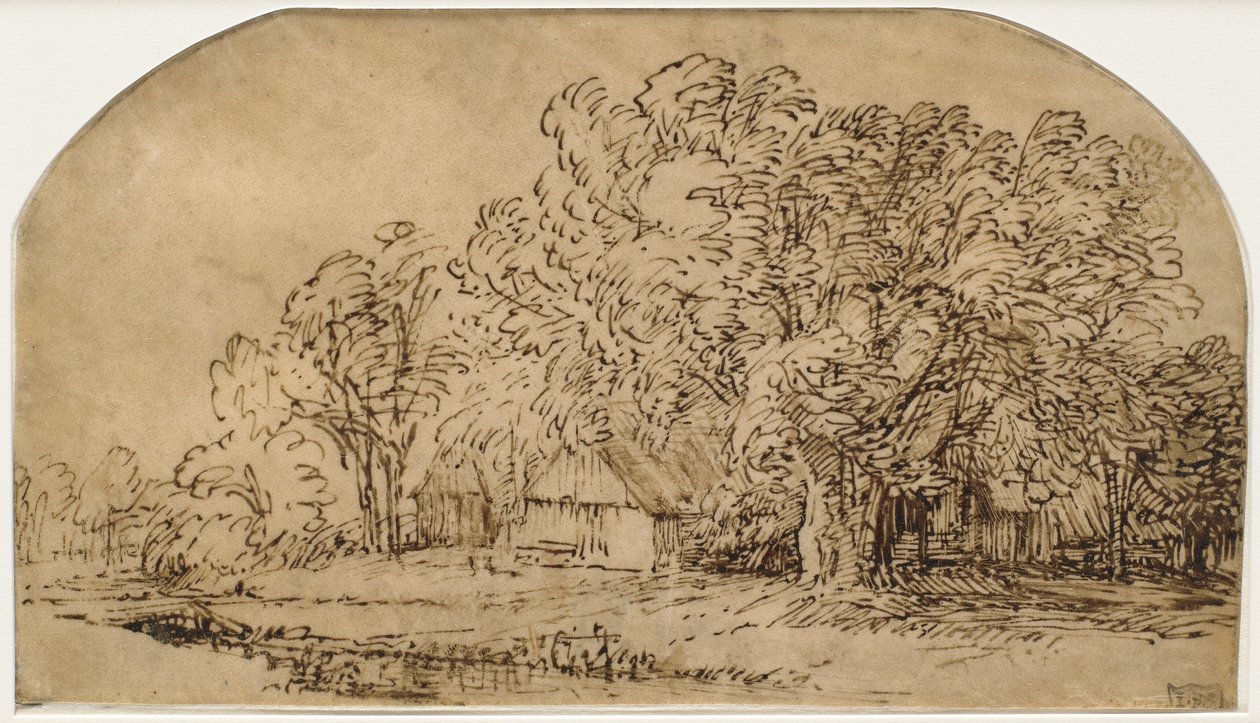 Paisaje con cabañas bajo árboles altos ("La ráfaga de viento") de Rembrandt van Rijn