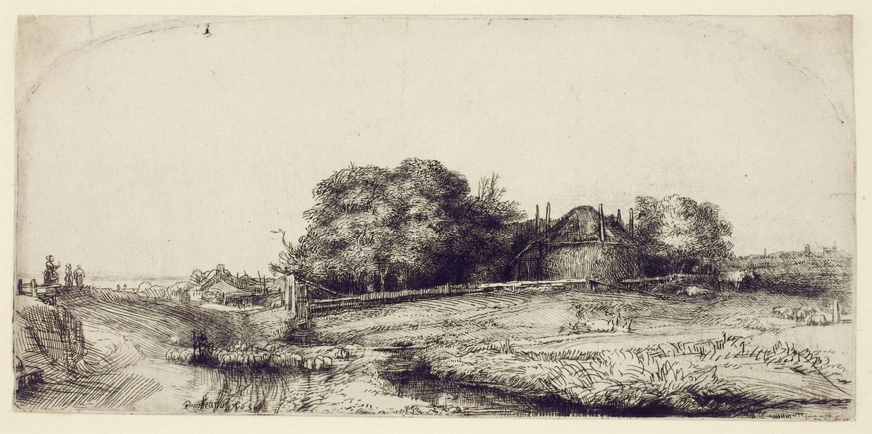 Paisaje con granero de heno y un rebaño de ovejas, c.1652 de Rembrandt van Rijn