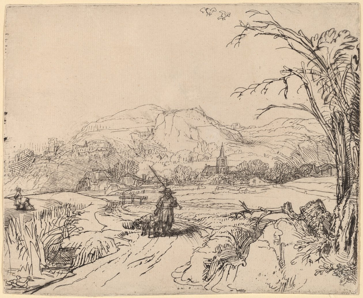 Paisaje con cazador y perro de Rembrandt van Rijn