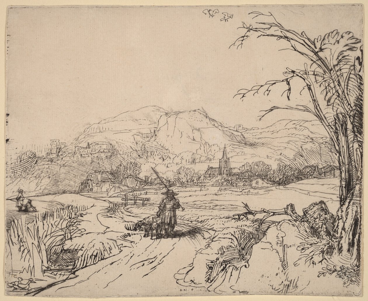 Paisaje con un deportista y un perro de Rembrandt van Rijn