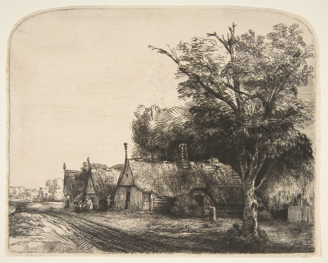 Paisaje con tres cabañas con tejado a dos aguas junto a un camino de Rembrandt van Rijn