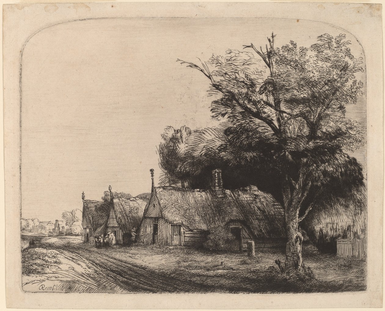 Paisaje con Tres Casas de Techo a Dos Aguas junto a un Camino de Rembrandt van Rijn