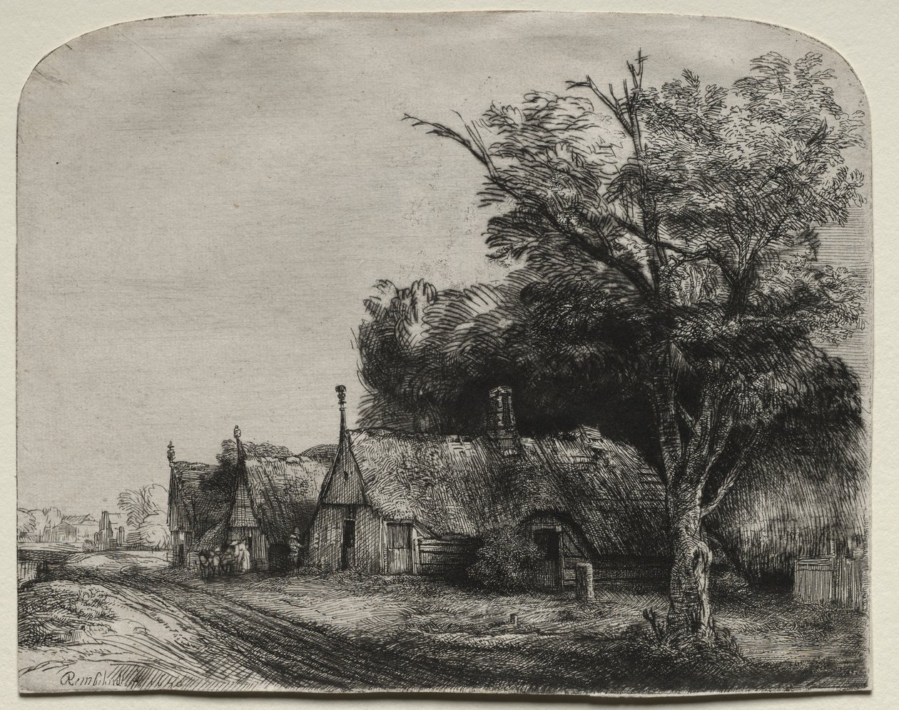 Paisaje con tres cabañas con hastiales junto a un camino de Rembrandt van Rijn