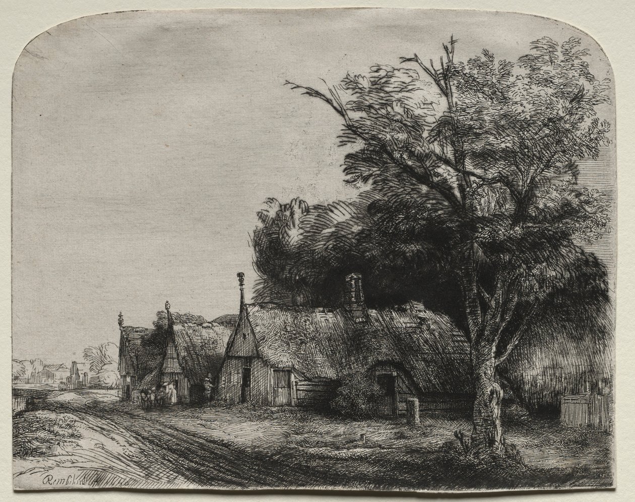 Paisaje con tres cabañas de tejado a dos aguas junto a un camino, 1650 de Rembrandt van Rijn
