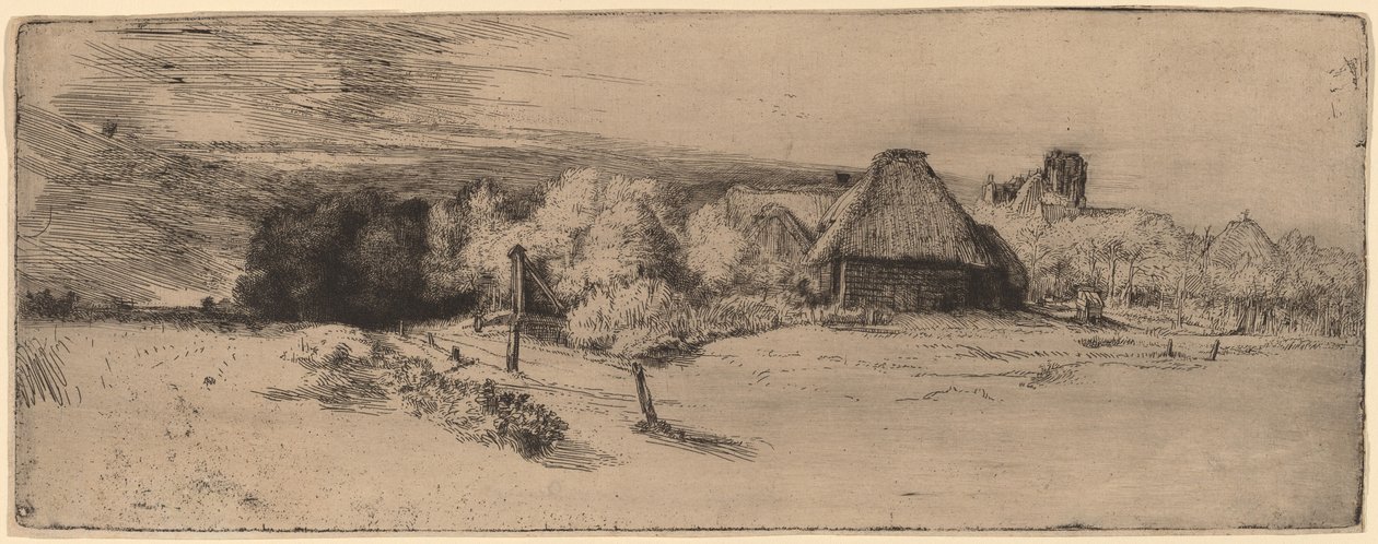 Paisaje con árboles, edificios de granja y una torre de Rembrandt van Rijn