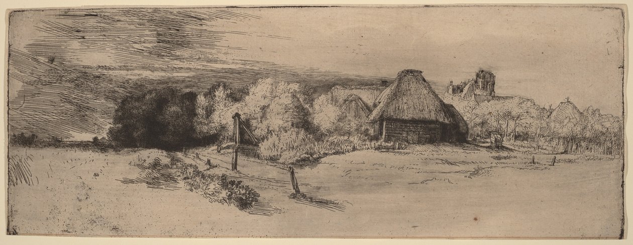 Paisaje con árboles, edificios agrícolas y una torre de Rembrandt van Rijn