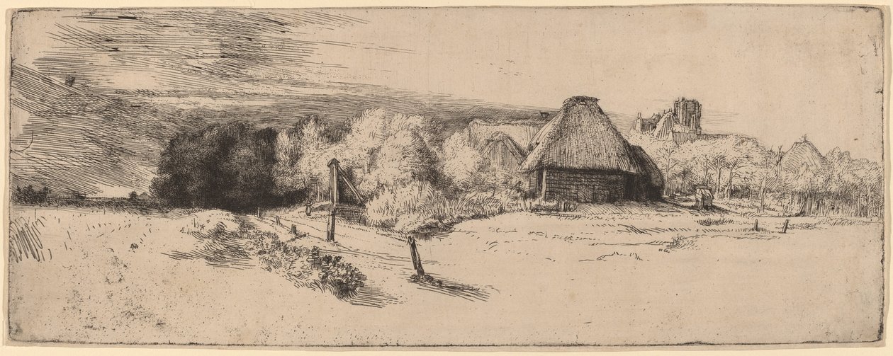 Paisaje con árboles, edificios de granja y una torre, c. 1651 de Rembrandt van Rijn