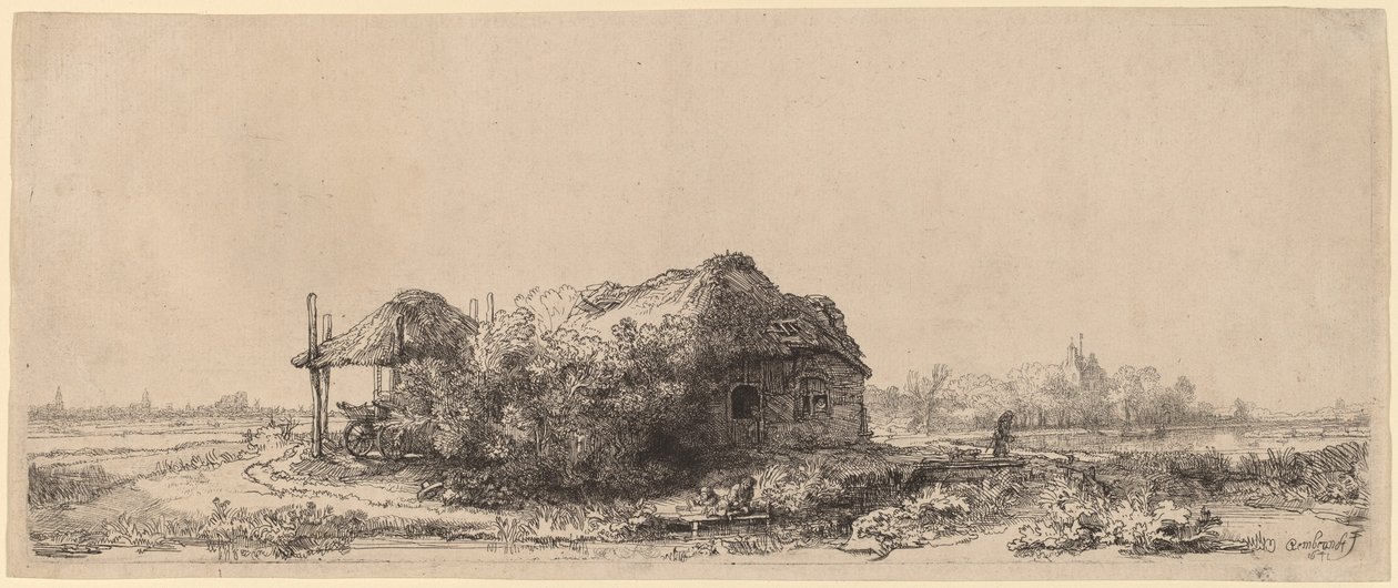 Paisaje con una cabaña y granero de heno: Oblongo de Rembrandt van Rijn