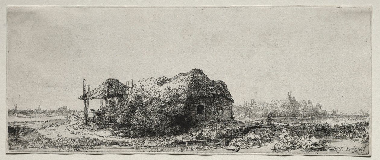 Paisaje con una cabaña y un granero de heno: Oblongo, 1641 de Rembrandt van Rijn