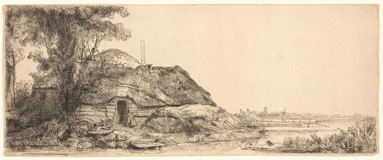 Paisaje con una cabaña y un gran árbol de Rembrandt van Rijn