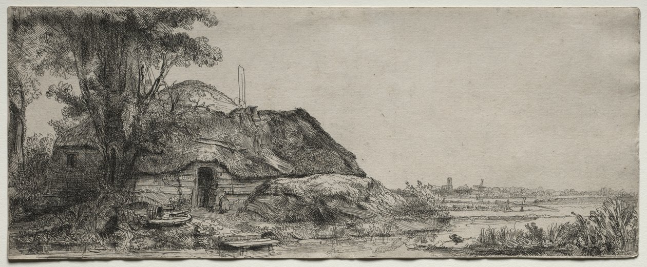 Paisaje con una cabaña y un gran árbol de Rembrandt van Rijn