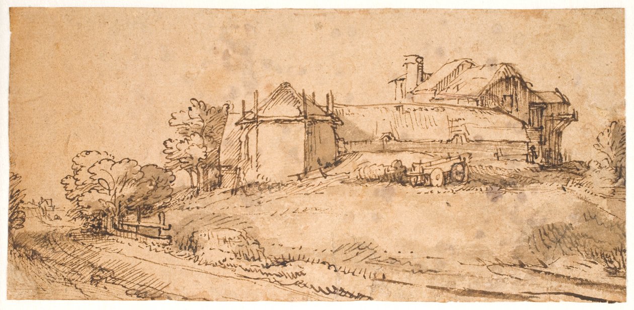 Paisaje con una granja y un granero de heno de Rembrandt van Rijn