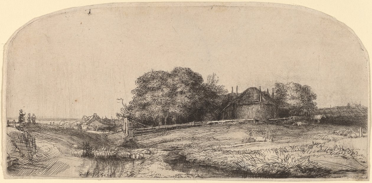 Paisaje con un granero de heno y un rebaño de ovejas de Rembrandt van Rijn