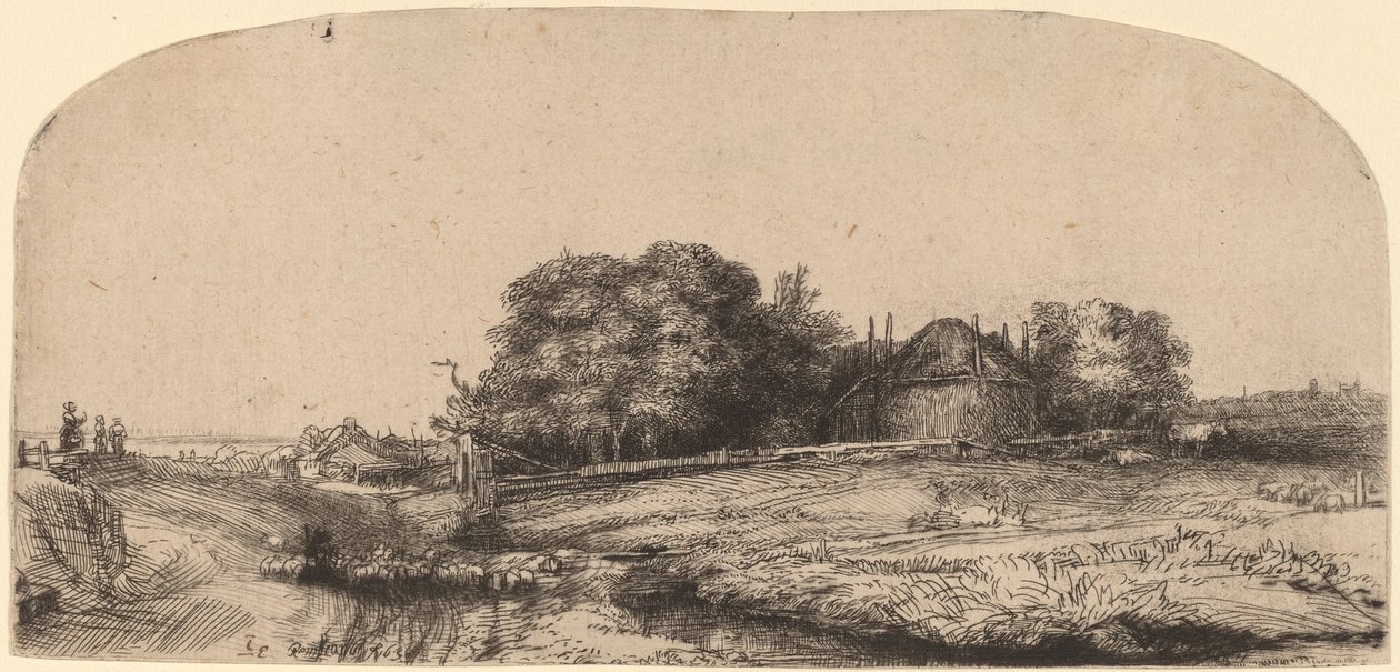 Paisaje con un granero de heno y un rebaño de ovejas de Rembrandt van Rijn