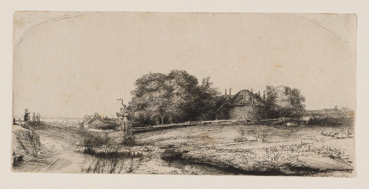 Paisaje con un granero de heno y un rebaño de ovejas de Rembrandt van Rijn
