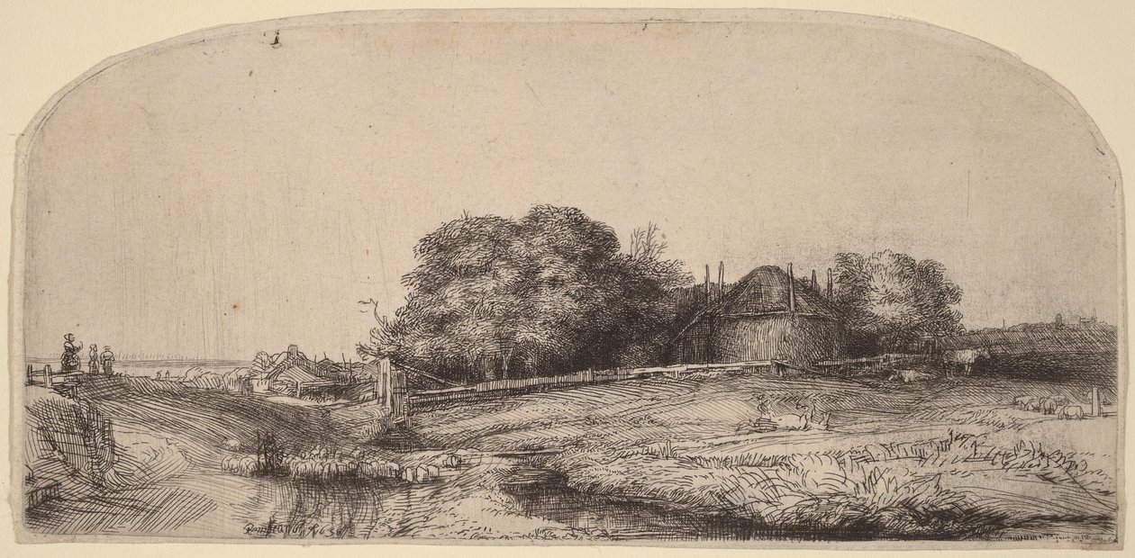 Paisaje con un granero de heno y un rebaño de ovejas de Rembrandt van Rijn