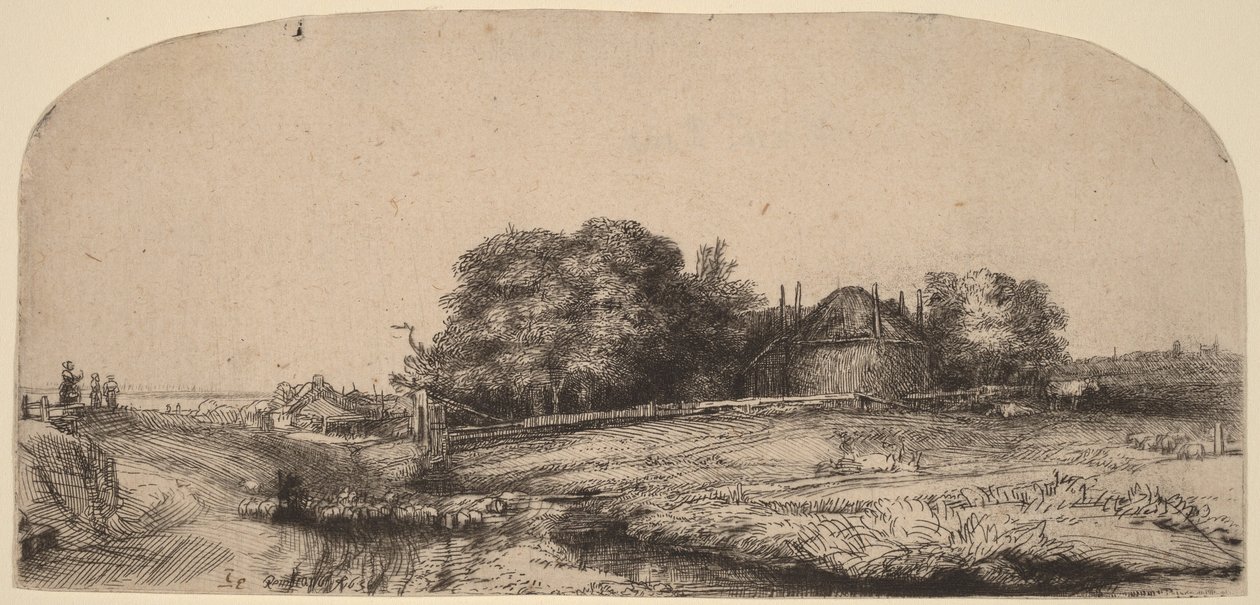 Paisaje con un granero de heno y un rebaño de ovejas de Rembrandt van Rijn