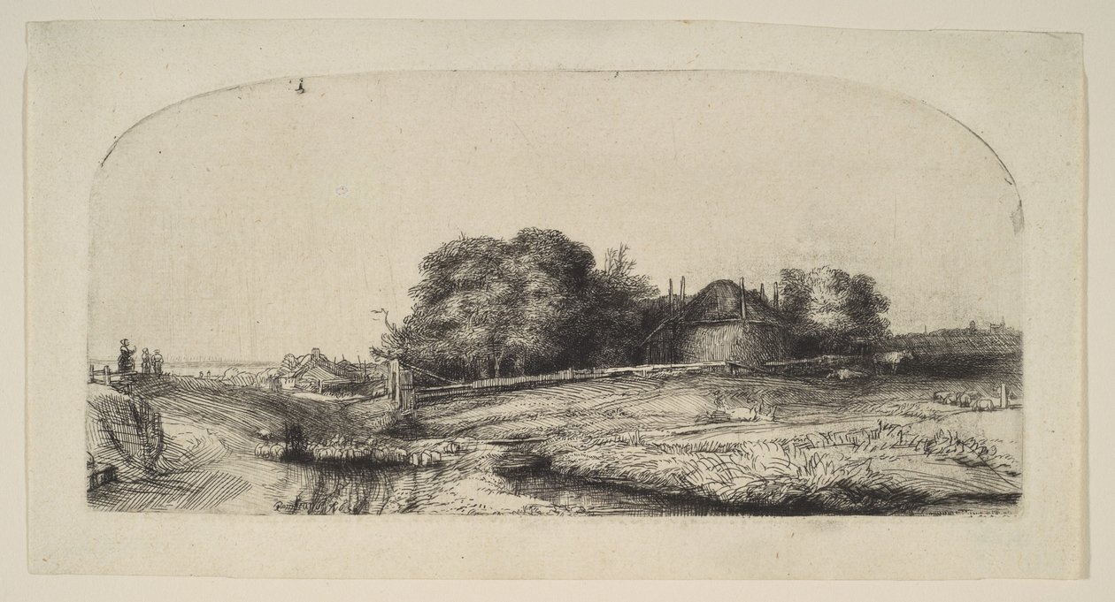 Paisaje con un granero de heno y un rebaño de ovejas, 1652 de Rembrandt van Rijn