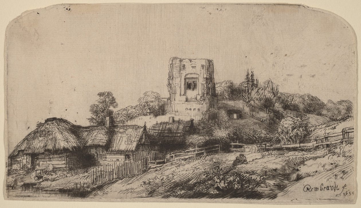 Paisaje con una torre cuadrada de Rembrandt van Rijn