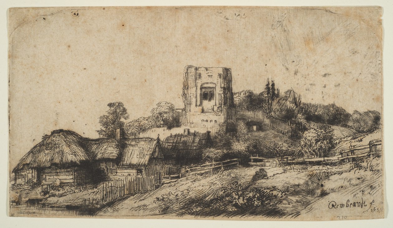 Paisaje con una Torre Cuadrada, 1650 de Rembrandt van Rijn