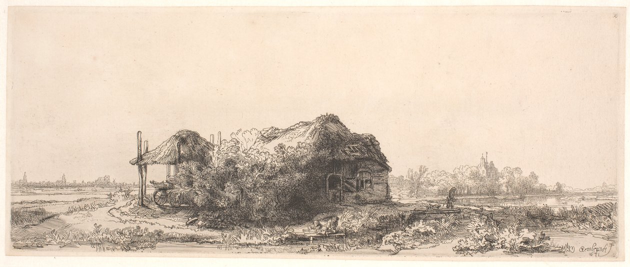 Paisaje con una casita y un pajar: rectangular de Rembrandt van Rijn