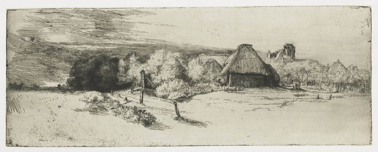 Paisaje con un edificio agrícola y la "casa con la torre de Rembrandt van Rijn