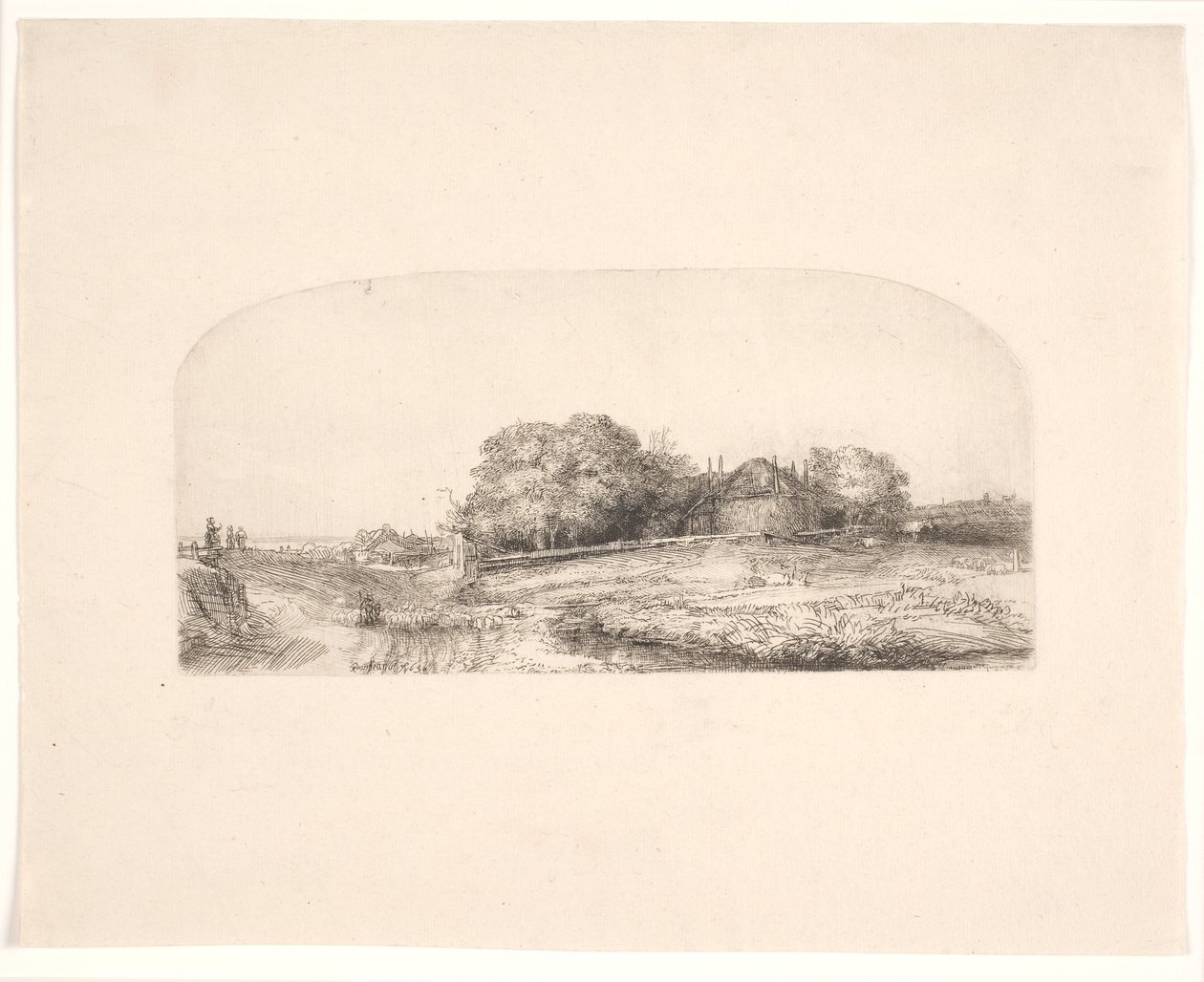 Paisaje con un granero de heno y un rebaño de ovejas de Rembrandt van Rijn
