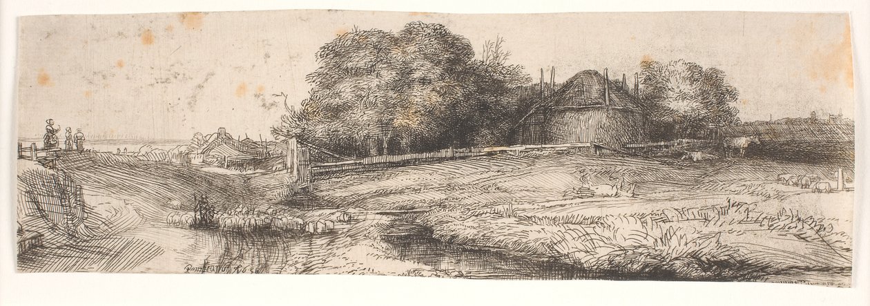 Paisaje con un granero de heno y un rebaño de ovejas de Rembrandt van Rijn