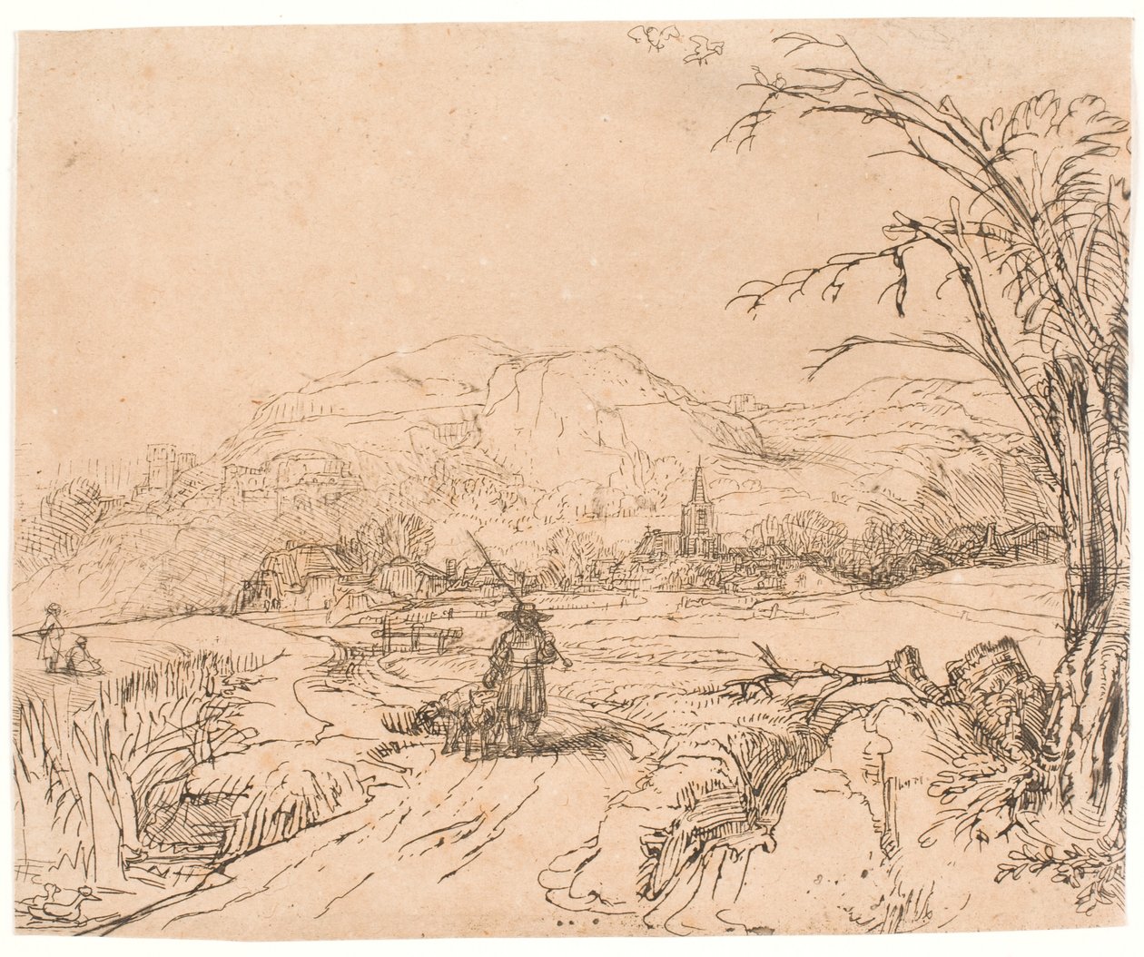 Paisaje con un deportista y unos perros de Rembrandt van Rijn