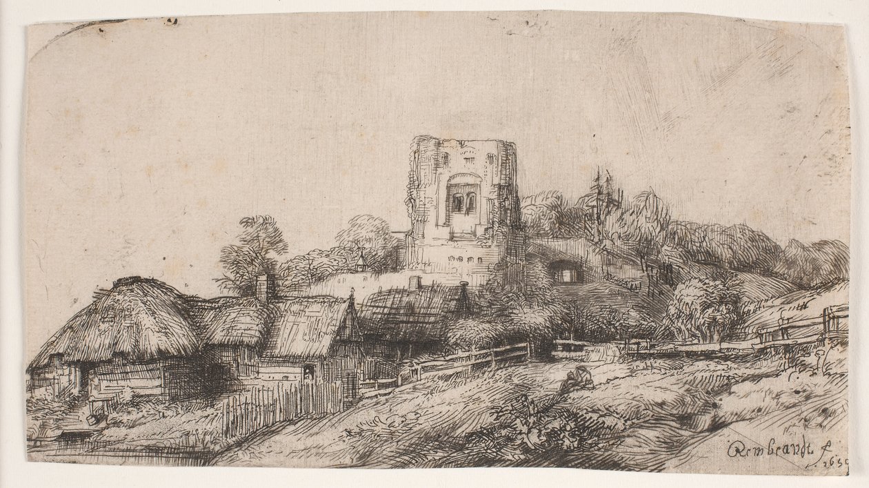Paisaje con una torre cuadrada de Rembrandt van Rijn