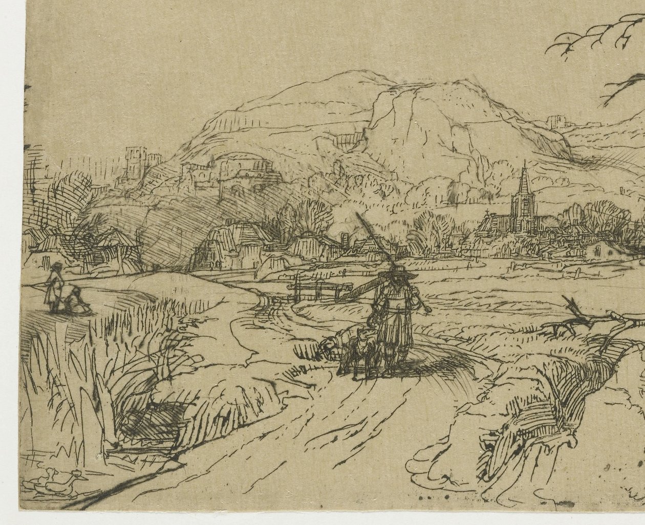 Paisaje con un deportista y unos perros de Rembrandt van Rijn