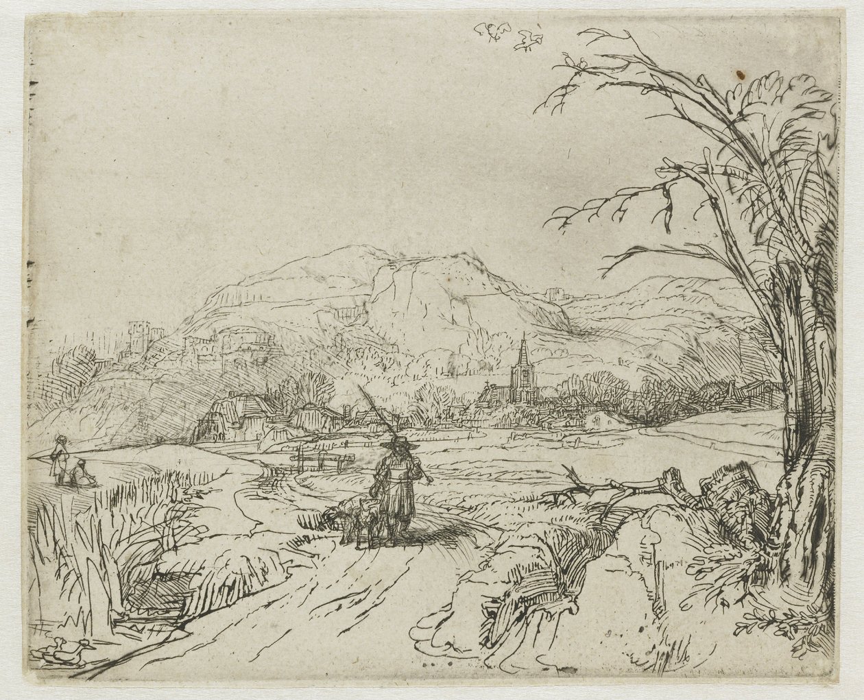 Paisaje con un deportista y unos perros de Rembrandt van Rijn