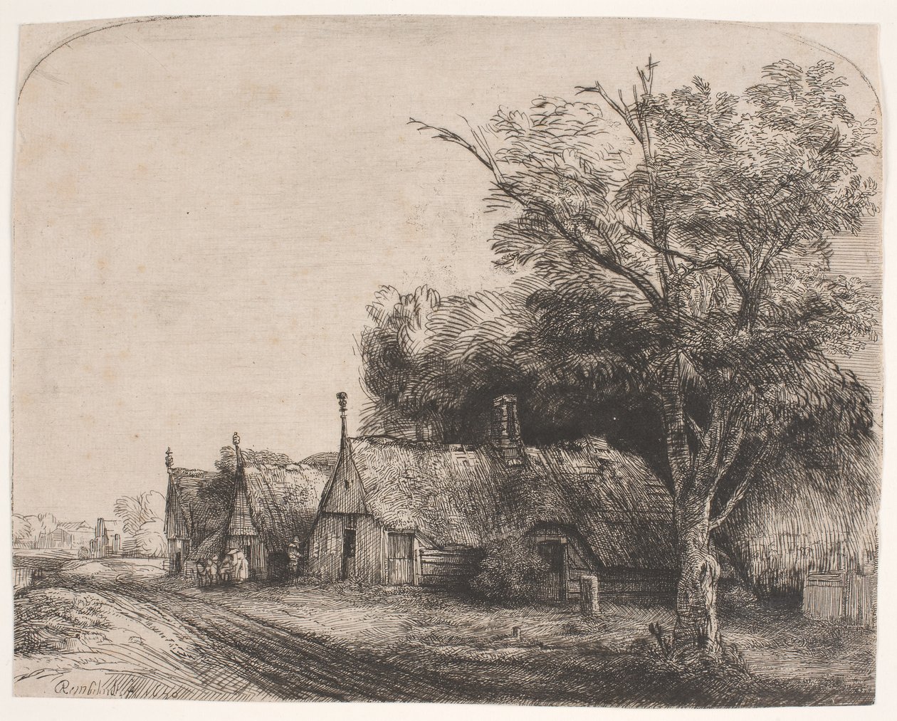 Paisaje con tres casas con hastiales junto a un camino de Rembrandt van Rijn