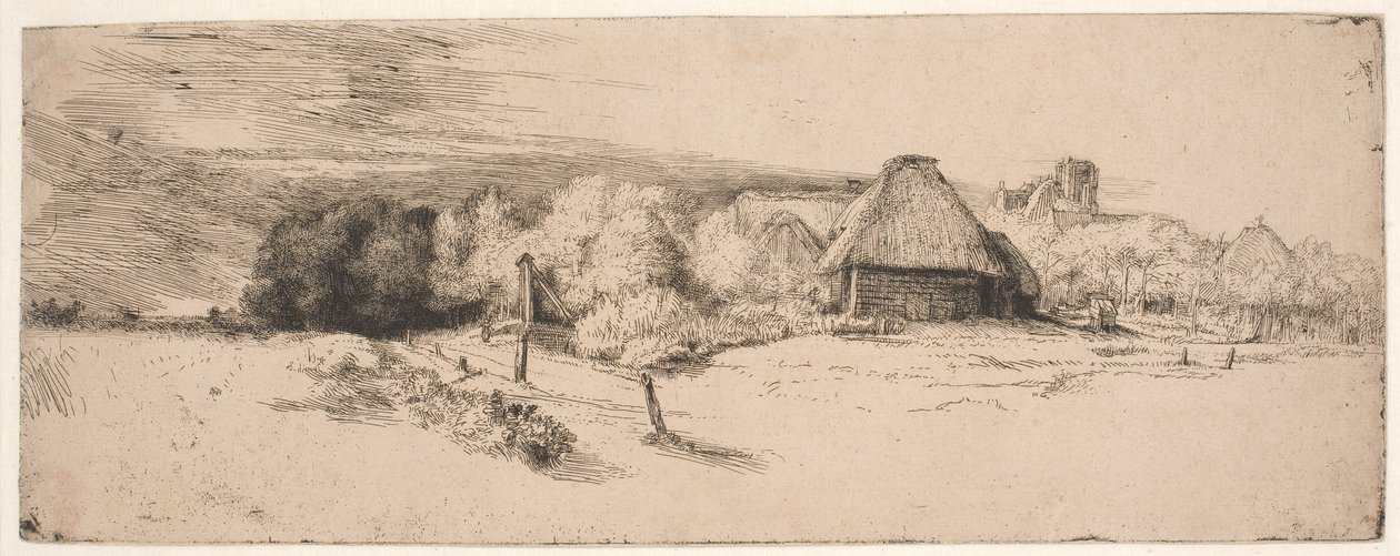 Paisaje con árboles, edificios agrícolas y una torre de Rembrandt van Rijn
