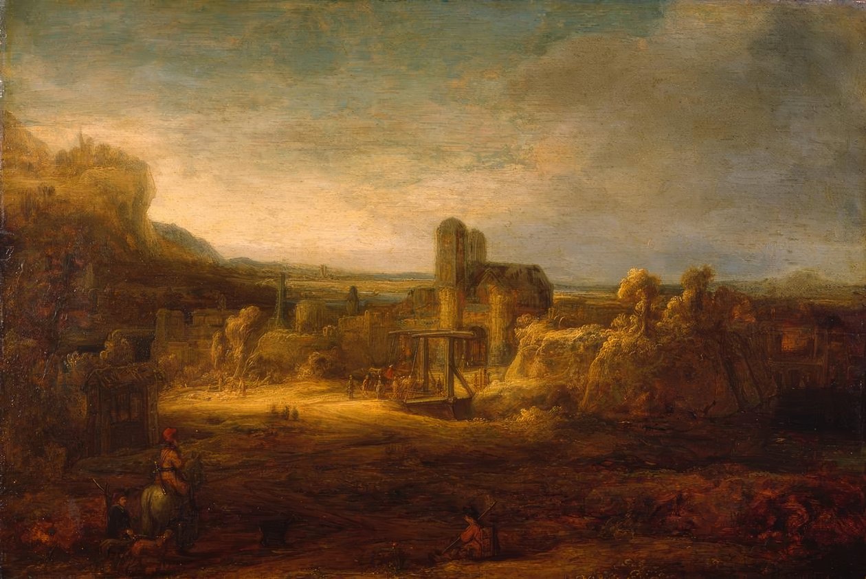 Paisaje con un puente levadizo de Rembrandt van Rijn