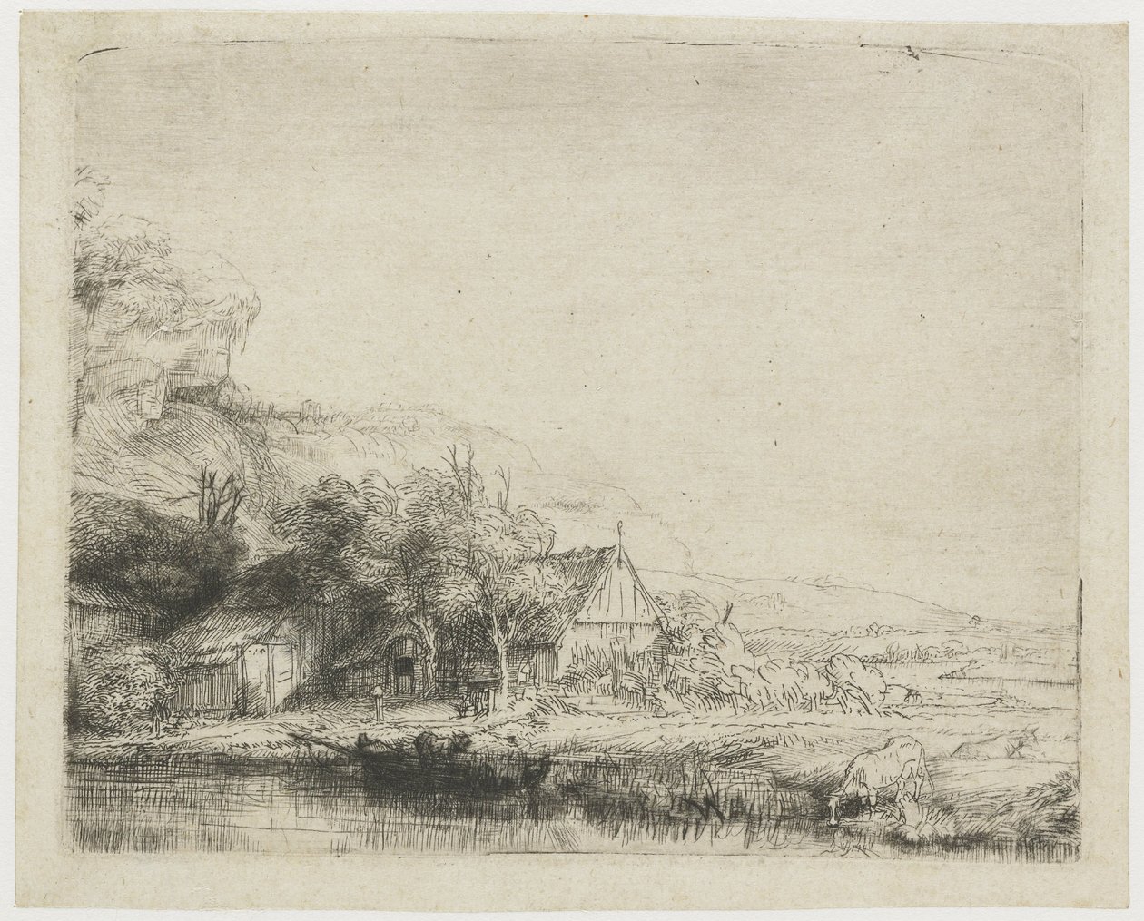 Paisaje con una vaca bebiendo de Rembrandt van Rijn