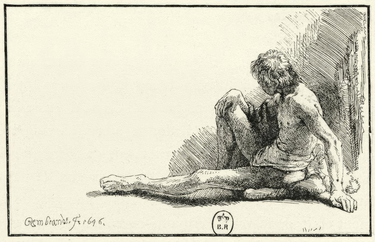 Desnudo masculino, sentado en el suelo de Rembrandt van Rijn