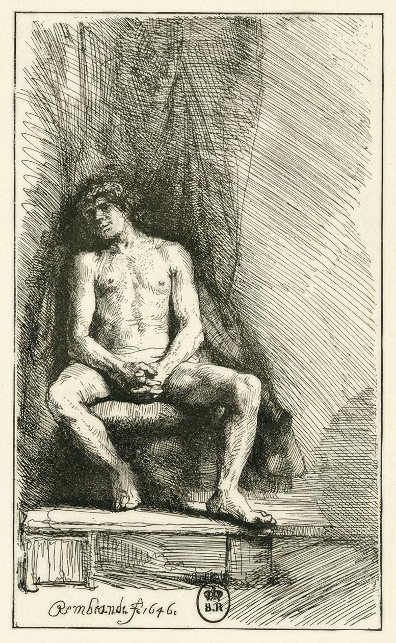 Desnudo masculino, sentado de Rembrandt van Rijn