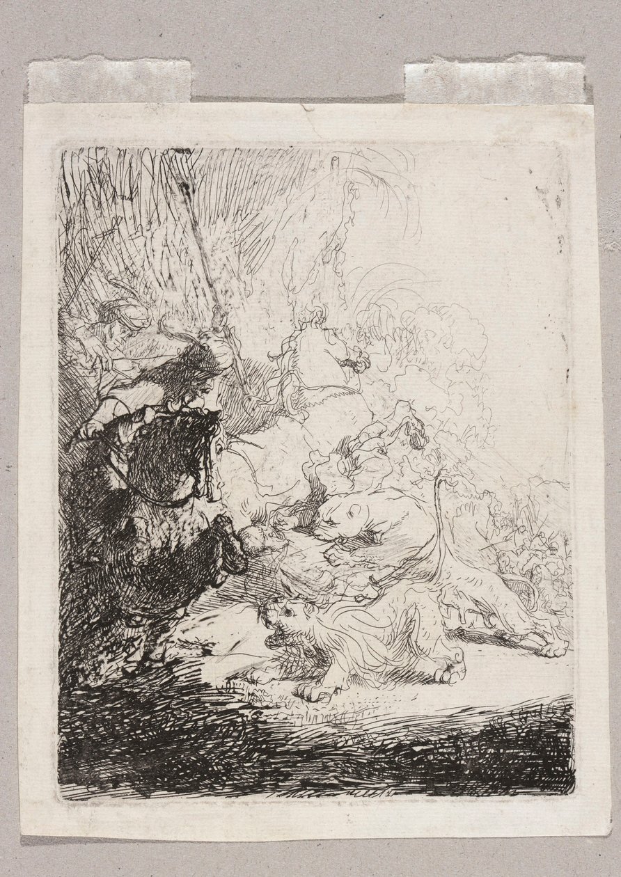 Una pequeña caza de leones (con dos leones) de Rembrandt van Rijn