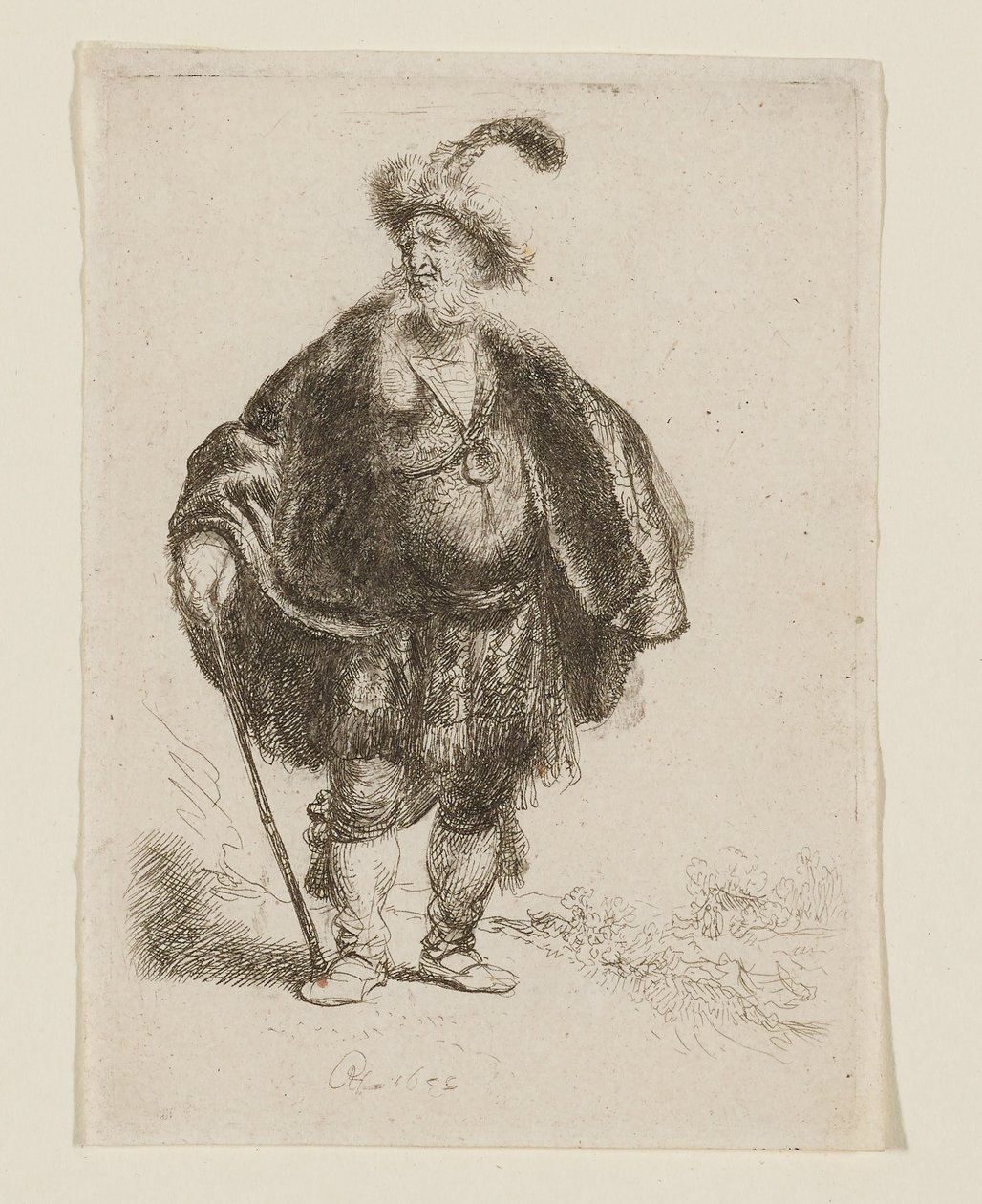 Hombre de pie, con traje oriental y gorro de piel con plumas de Rembrandt van Rijn