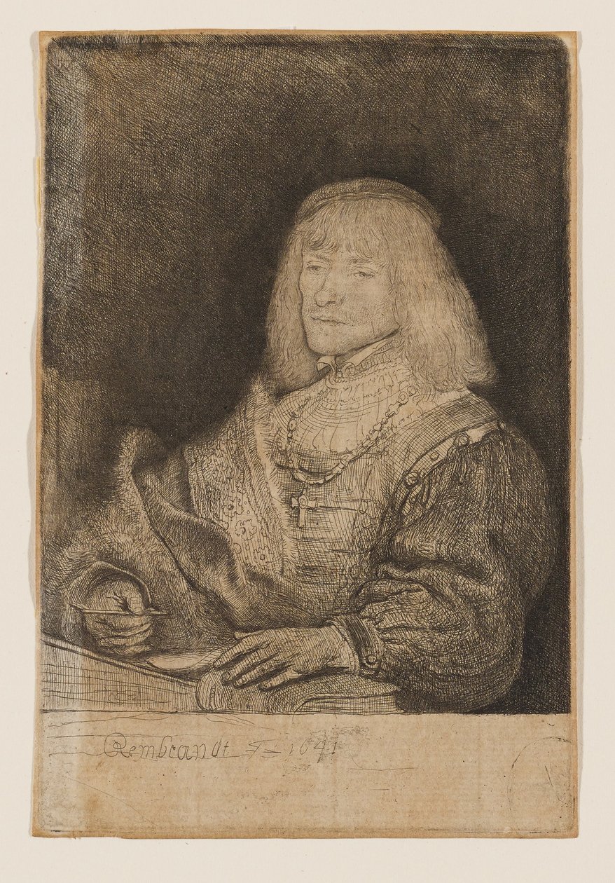 Hombre sentado en un escritorio, con una cruz y una cadena de Rembrandt van Rijn